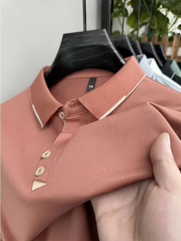 High quality ice silk short sleeve T-shirt mens summer fashion solid color lapel top cool breathable casual POLO shirt 250225