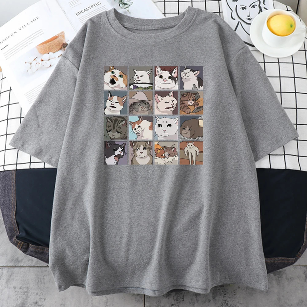 Meme Cats Puzzle Creativity Printed Men T-Shirts Beach Breathable Funny Clothing Oversize Casual Cotton Tops Mans Short Sleeve 250226