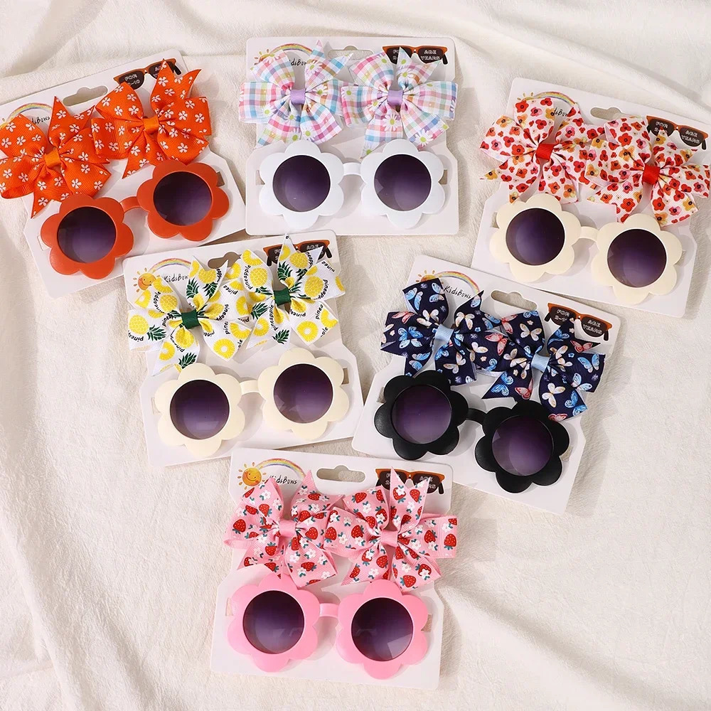 3Pcs/set Kids Cute Solid Dot Hairpin Colorful Heart Sun Glasses Set Girls Boutique Bowknot Hair Clips Children Hair Accessories 250227