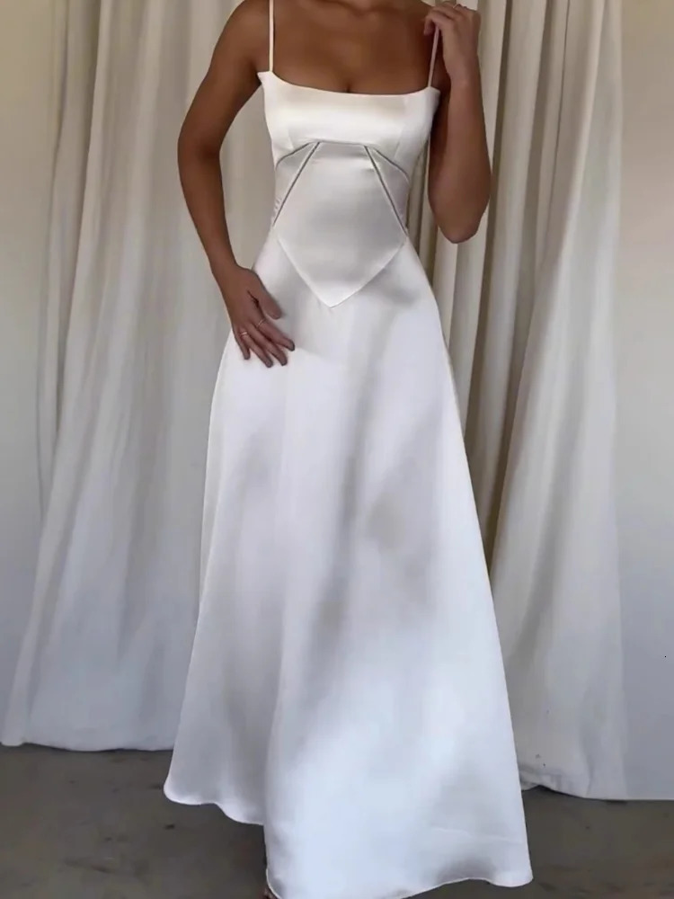 Elegant White Satin Drawstring Tie Backless Long Dress Women High Waist Square Neck Slim Sling Dresses 2025 Sexy Beach Robes 250226