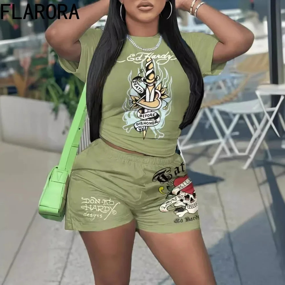 FLARORA Fashion Printing Womens Two Pieces Set Shorts Sleeve Tops And Bike Shorts Tracksuits Sets Y2k Streetwear Female Outfits 250226