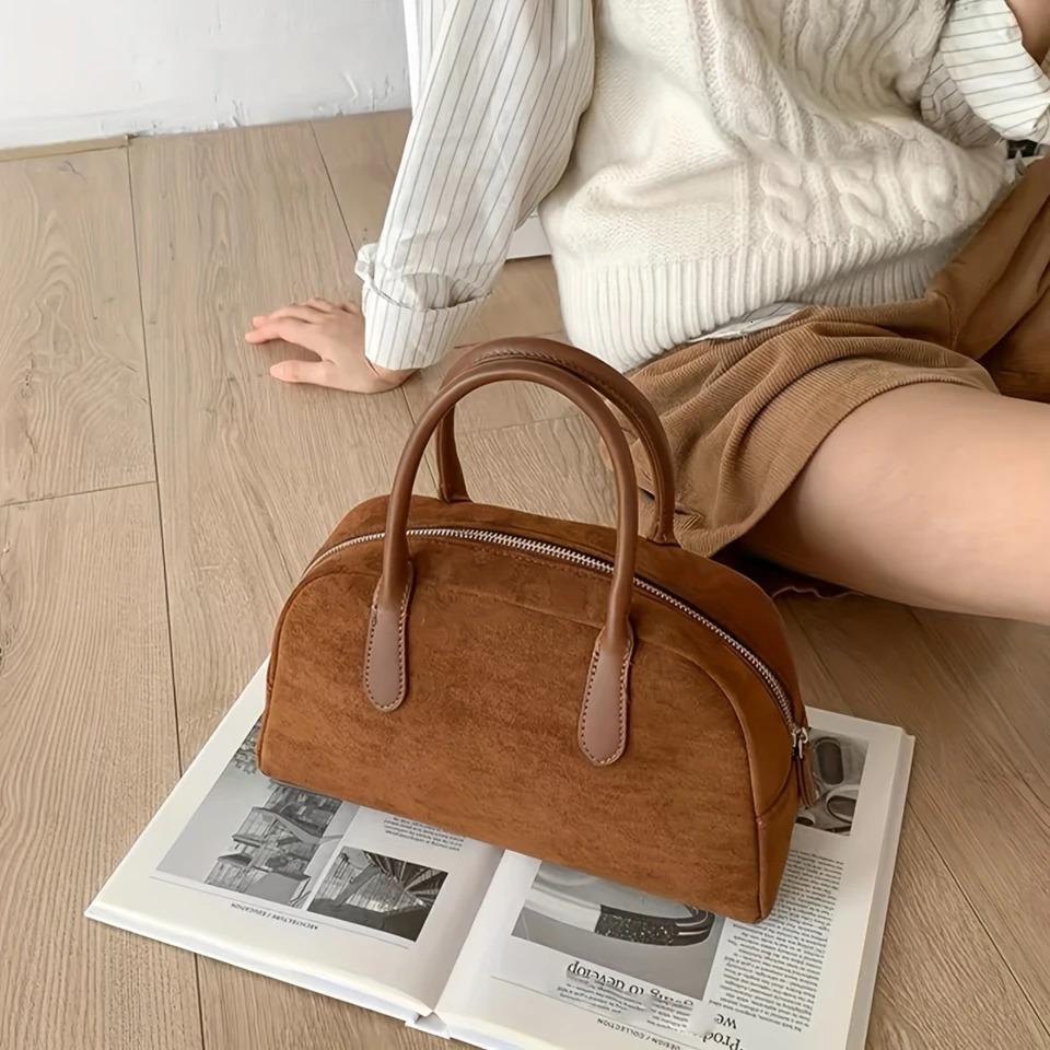 Ship from US Vintage Womens Bowling Handbag Retro Y2K Boston Bag with Trendy Double Handle and Zipper Stylish Purse for Fashionable Ladie 250227FBB