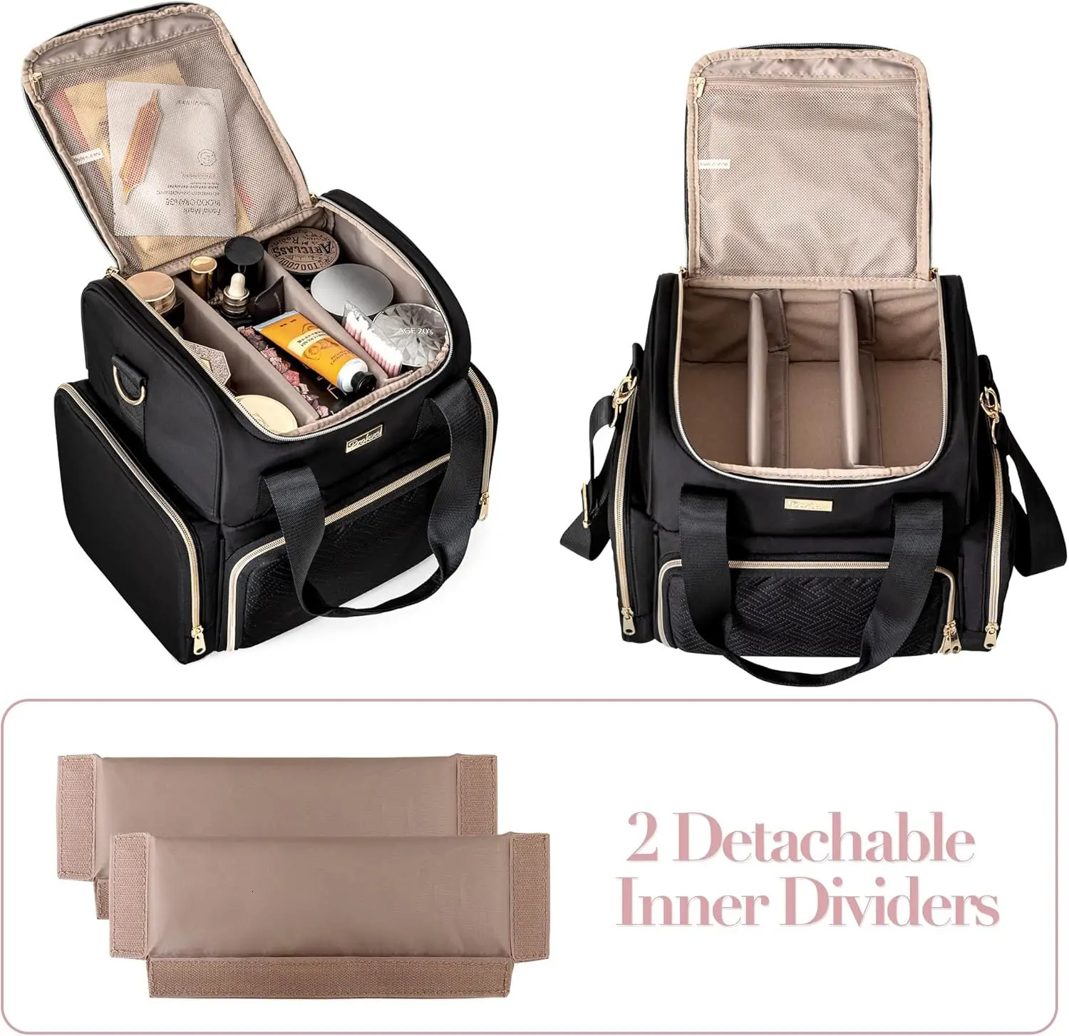Ship from US Large Cosmetic Bag with 3 Removable Case Double Layer Travel Organizer Inner Dividers and Makeup Brushes Storage Section 250227FBB