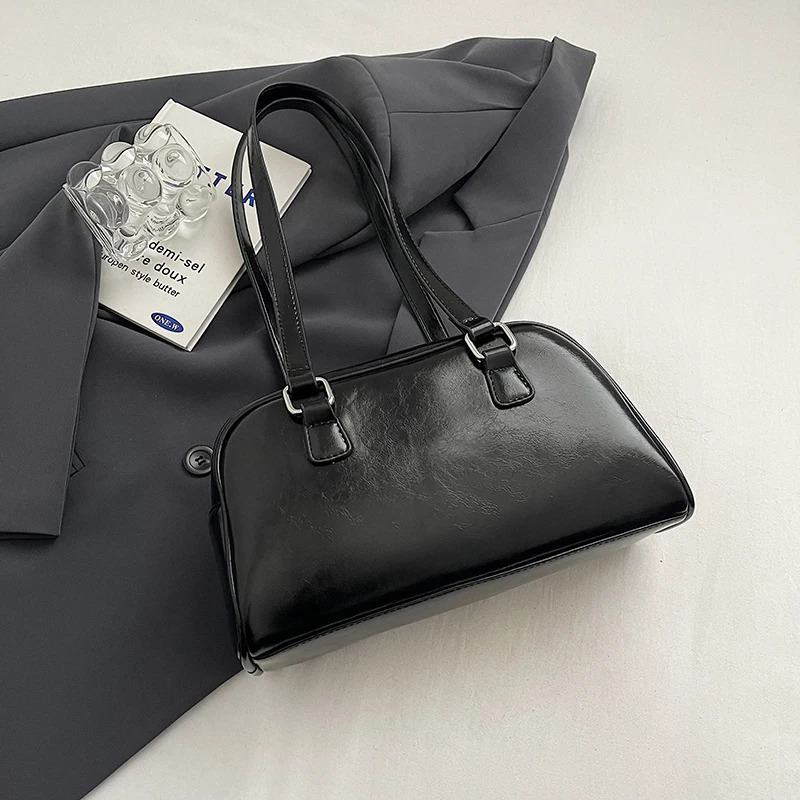 Ship from US Boston Tote Bag for Women with Zipper Bowling Handbag PU Leather Underarm Hobo Work Travel 250227FBB