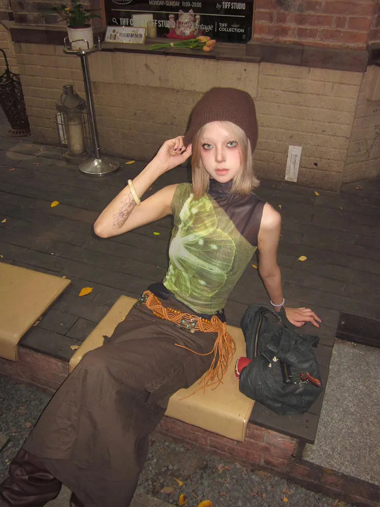 Yedinas Sheer Mesh Tank Tops Patchwork Sleeveless Tshirts Korean Fashion Summer Tops Gothic Tank 90s Chic Streetwear 250226