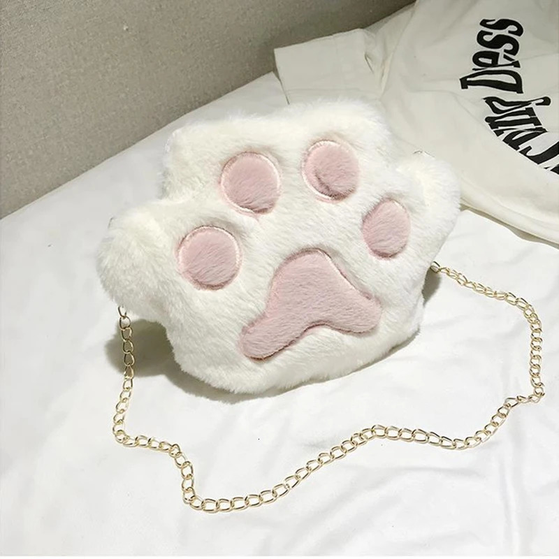 Ship from US Fashionable Womens Shoulder Bag Adorable Paw Print Plush Handbag with Chain Strap Spacious Crossbody Purse for Everyday Use 250227FBB