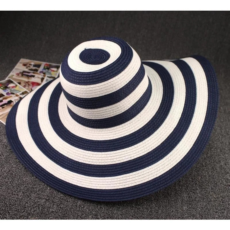 Straw Hat Female Summer Beach Large Edge Korean Version Straw Hat Foldable Black and White Striped Sun Hat Sun Visor Panama Cap 250218