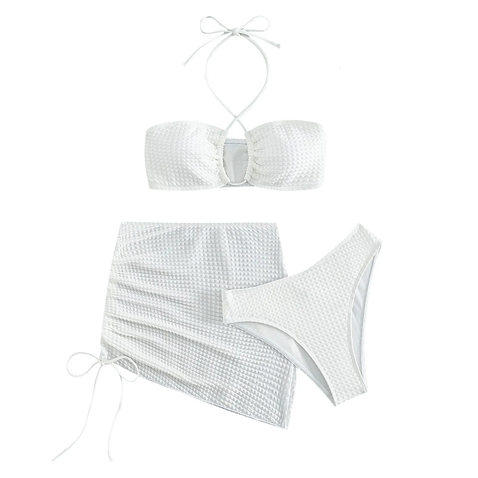 WomenS Sexy Bikini Swim Plain Swimsuit With Beach Skirt Solid Color Strap Tight Smocked Bikini Top With Straps Bathing Suits 250226