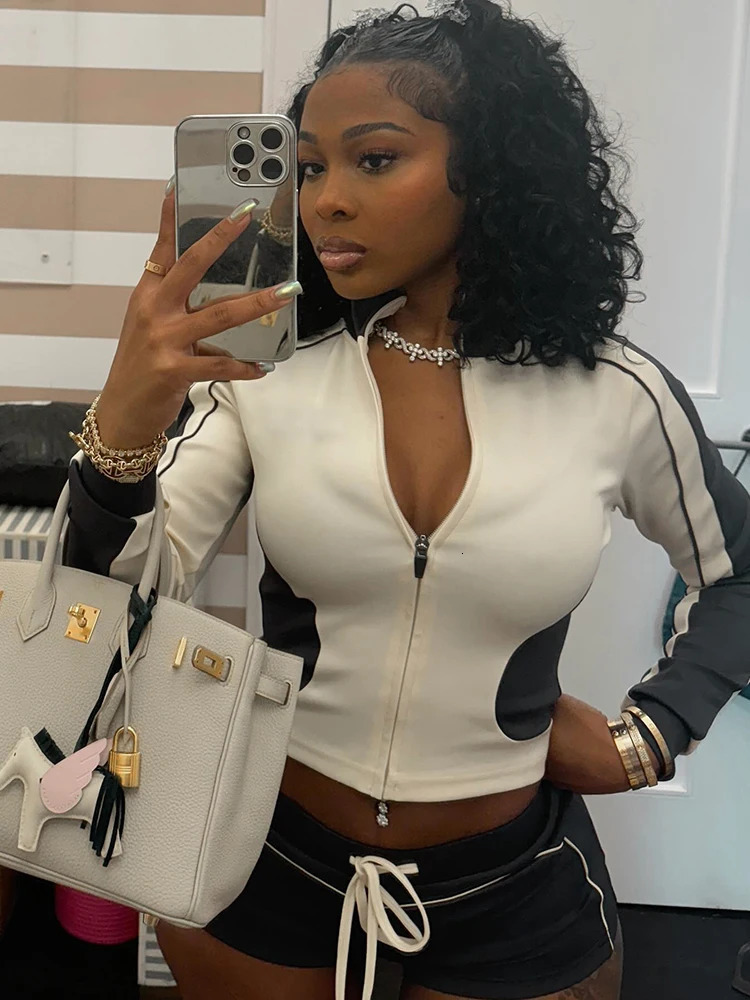 Weird Puss Tracksuit Women Patchwork 2 Piece Set Fall Trend Sporty Zipper Crop JacketShorts Casual Hipster Matching Skinny Suit 250226