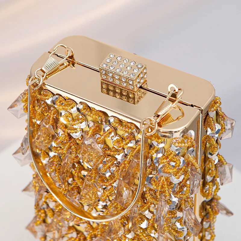 New Arrival Glass Rhinestone Party Gold Clutch Wallet Evening Bag Luxury Designer Womens Handbag Mini Square Tassel Bag T250227