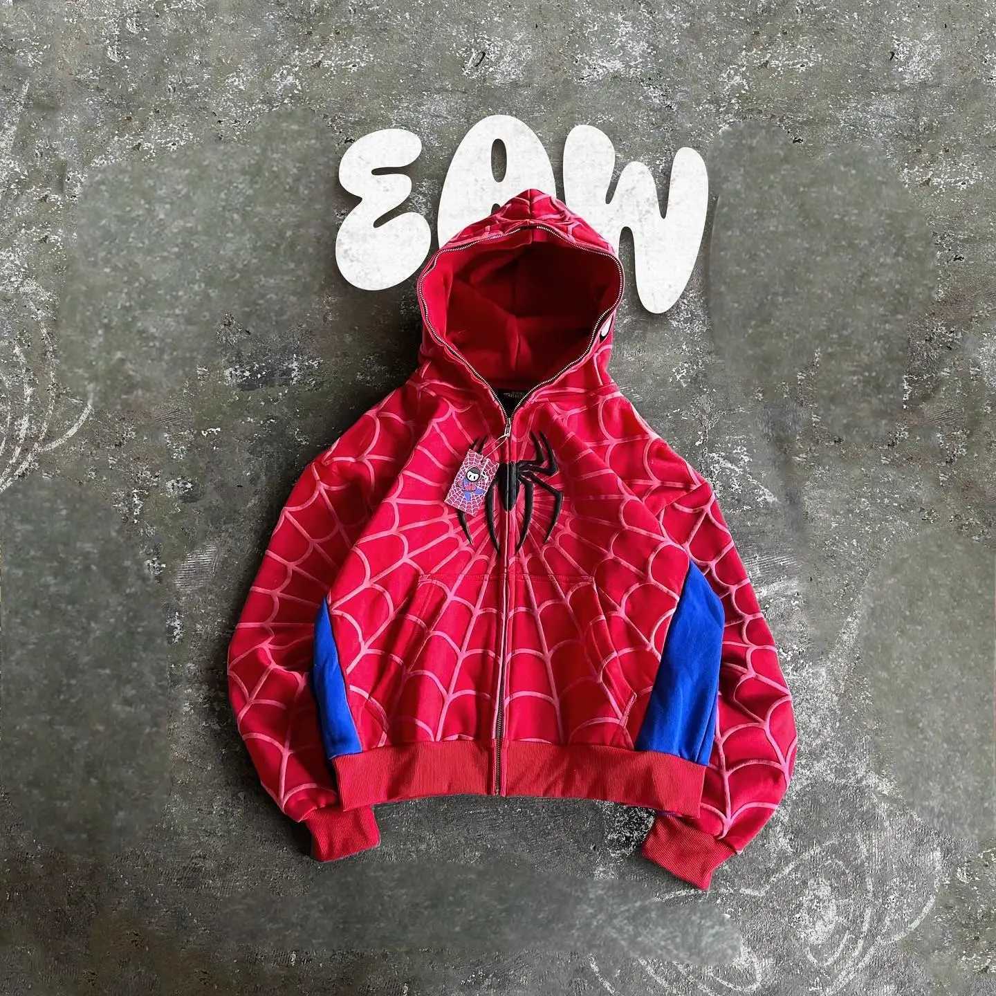 American Classic Gothic Red Spider Printed Hoodie Cardigan Full Zipper Loose Mens Hip Hop Hoodie Jacket Y2k Strt Sweatshirt X250227