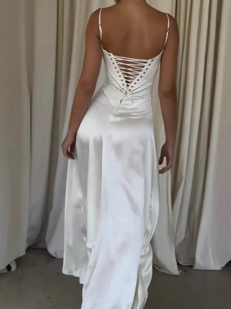 Elegant White Satin Drawstring Tie Backless Long Dress Women High Waist Square Neck Slim Sling Dresses 2025 Sexy Beach Robes 250226