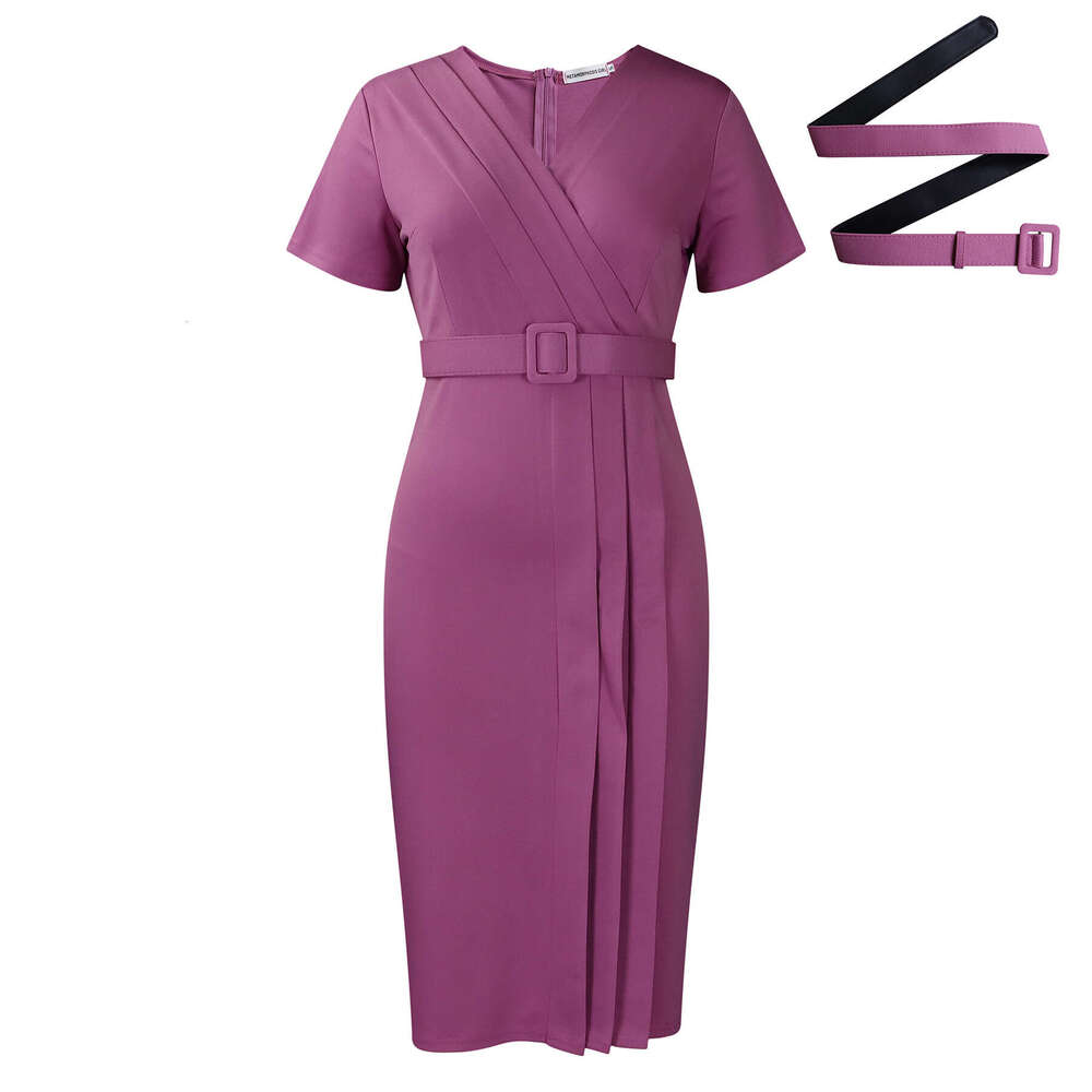 D504 women's summer short sleeved V-neck waist cinched solid color OL Tongle pencil skirt African dress 2025 new style chic and elegant clothing