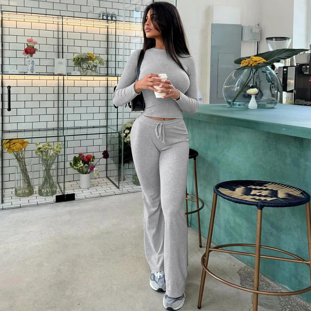 Elegant Solid Two Piece Sets Women Long Sleeve Slim ONeck Crop Tops Drawstring Flare Pants Suit Lace Up Outfits Streetwear 250226