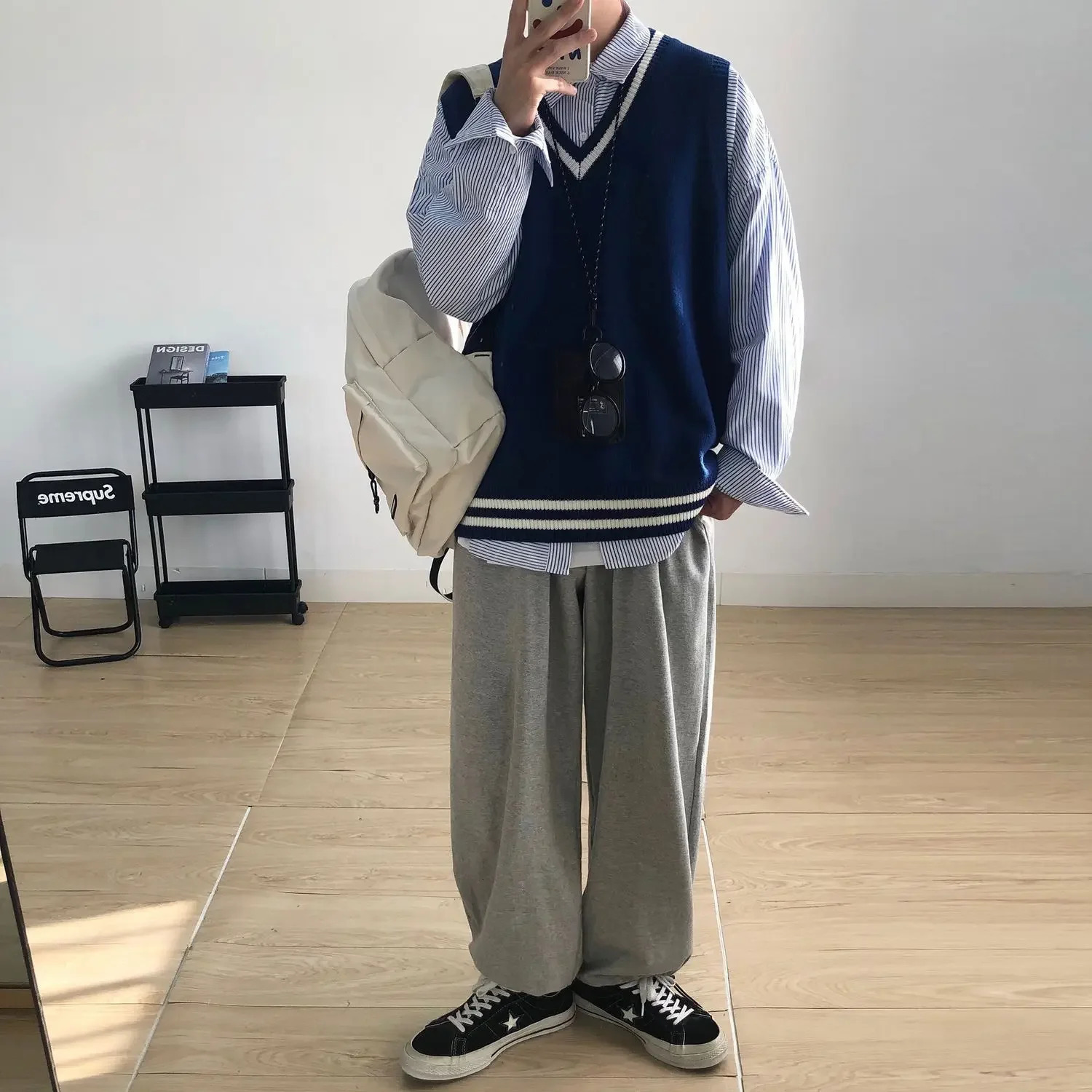 Sweater Vest Men Spring Vneck Japanese Vintage Striped College Knitted Fashion Loose Allmatch Sleeveless Simple Clothing B272 250225