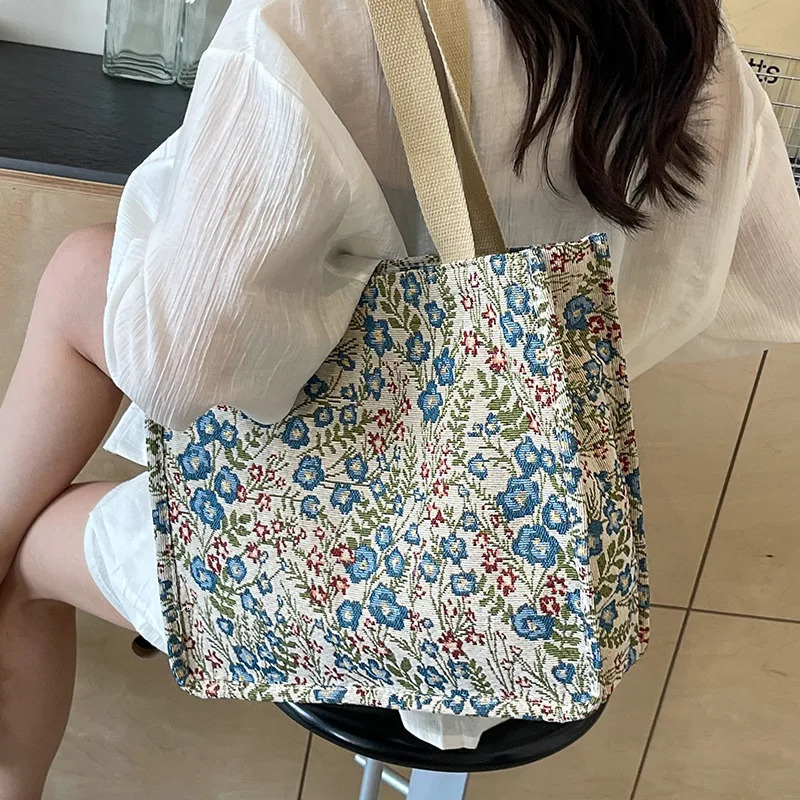 Ladies shopping bag floral pattern flat handbag large capacity outdoor casual lunch 250221