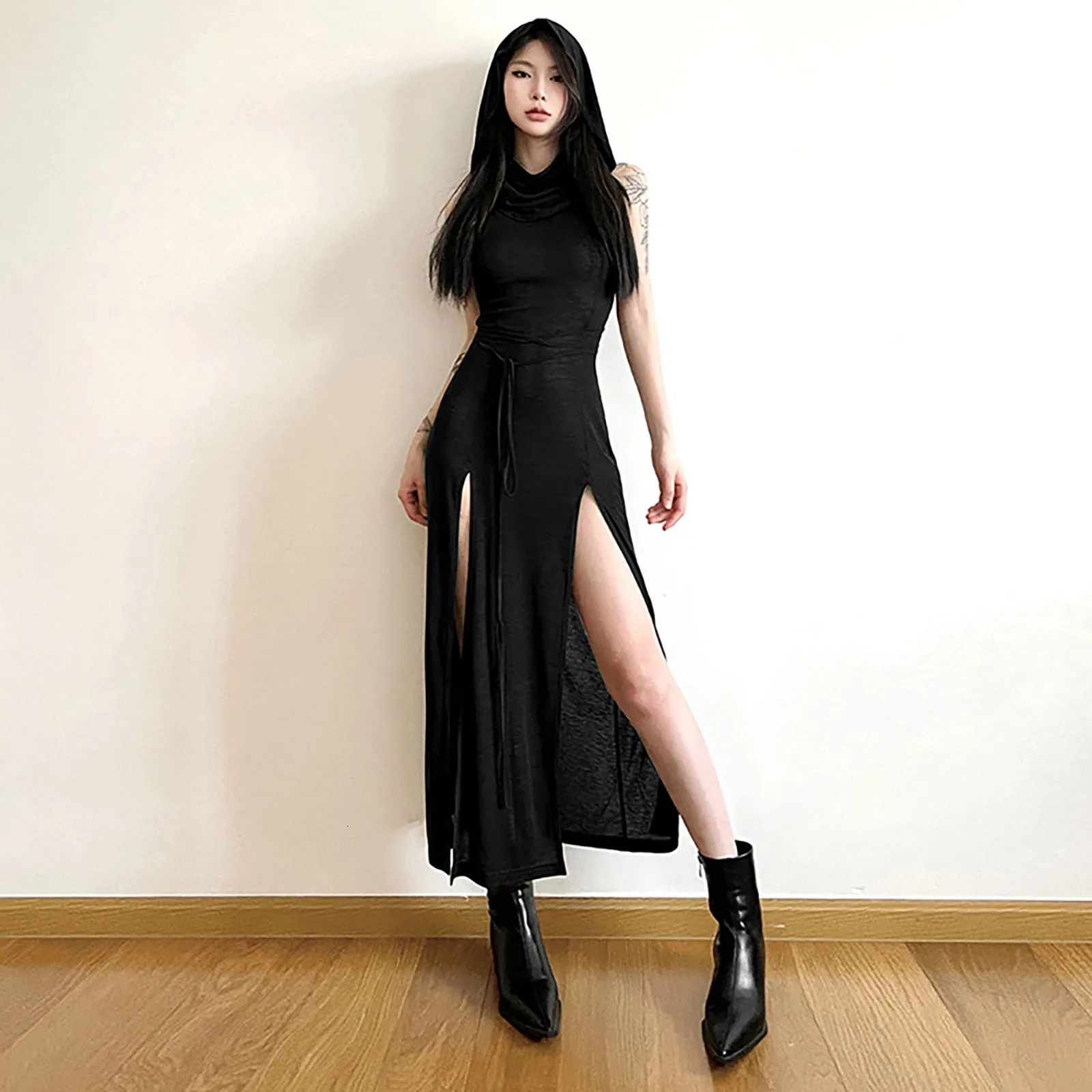 Fashion hooded sleeveless long skirt Korean womens lace upper sexy patchwork dress Gothic hip-hop Glenge long skirt 250226