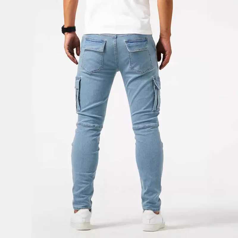 Street Elastic Jeans Pencil Pants Mens Denim Cargo Pants Solid Color Multi Pockets Casual Trousers Slim Fit Wear Joggers Brand X250227