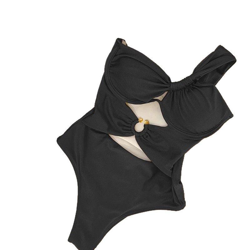 2025 single shoulder twisted swimsuit one-piece steel support gathered hollow metal buckle solid color swimsuit for women 250106