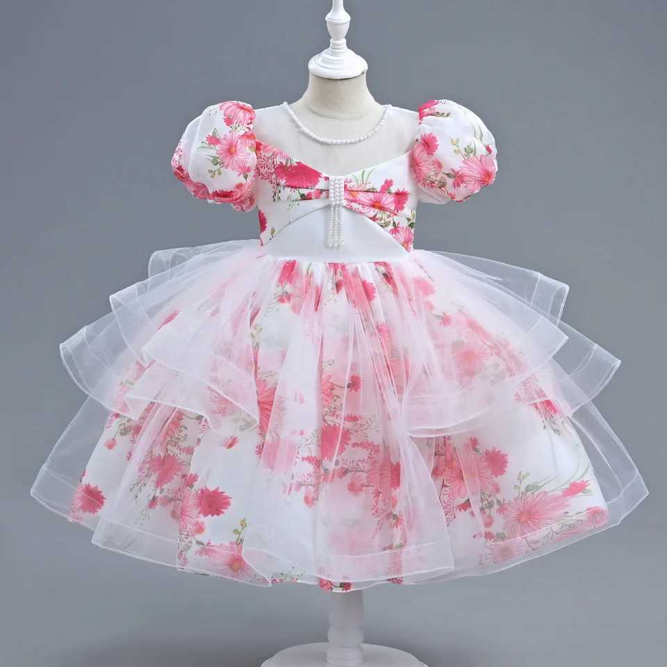 Girl's Dresses Girls New Flower Print Pearl Bubble Sleeve Mesh Fluffy Skirt Birthday Party Wedding Flower Girl Sweet and Cute Evening Dress Y2502