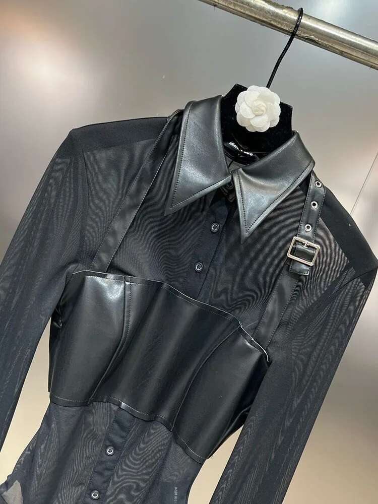 DEAT New Trendy Women's Mesh Spliced Leather Fake Two-piece Bodysuits 2025 Spring Fashion Long Sleeves Jumpsuit Female 11XX8010