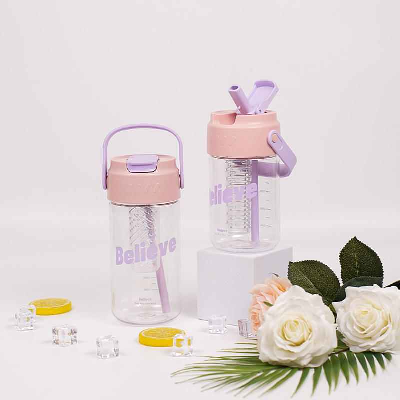 New Transparent Straw Water Bottle Chic Dainty Letter Believe Clear Plastic Bottles With Filter Screen Handle