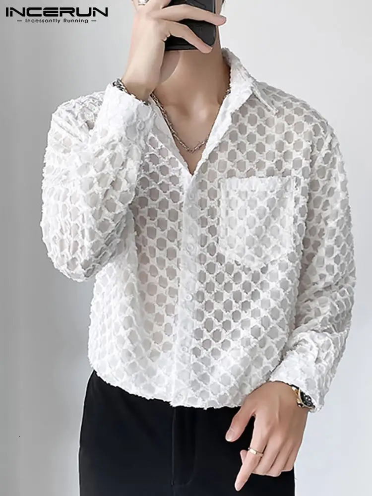 Handsome Well Fitting Men Blouse Vacation Hollow Out Stitching Male Breathable Mesh Long-sleeved Shirts S-5XL INCERUN Tops 250222