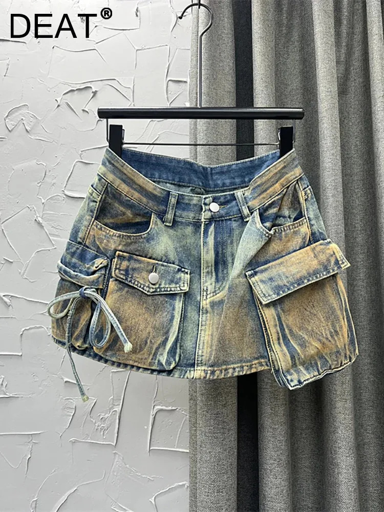 DEAT Womens Denim Skirts Multiple Pockets Patchwork Washed Lace-up Cargo A-line Mini Skirt 2025 Spring Fashion 29L3411 250226
