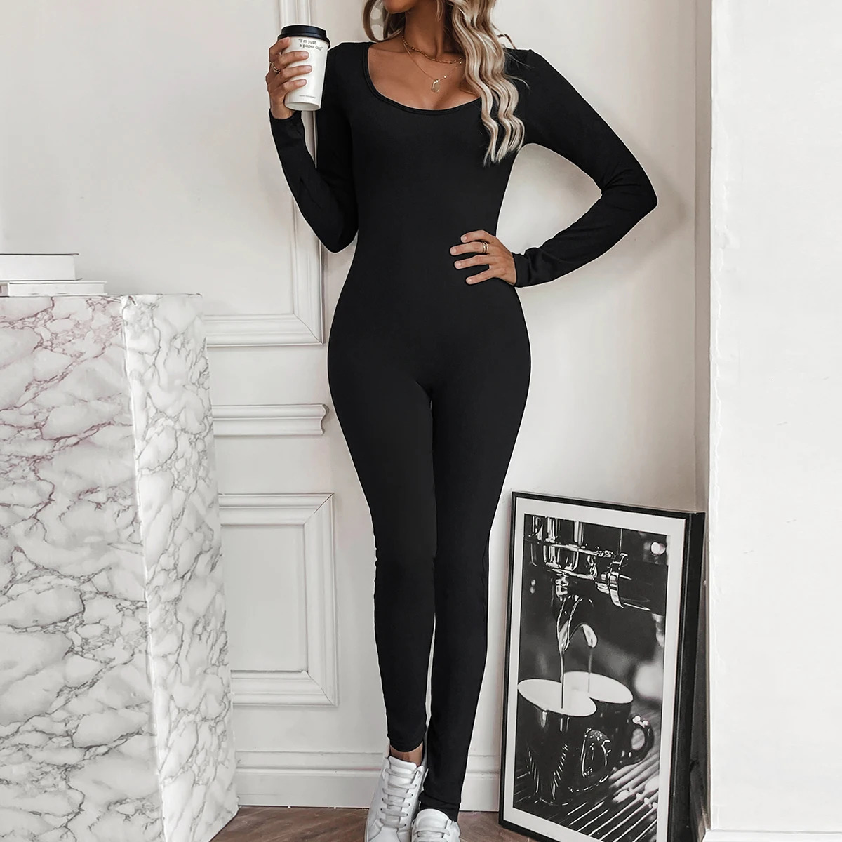 European and American sexy chest revealing waist cinching boat collar long sleeved small hole strip jumpsuit 250227