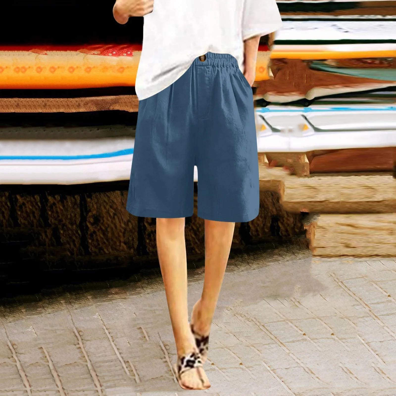 Women Bermuda Shorts Elastic Waist Solid Color Summer Shorts Casual Pocket Button Loose Joggers Y2k Streetwear Wide Leg Pants 250227
