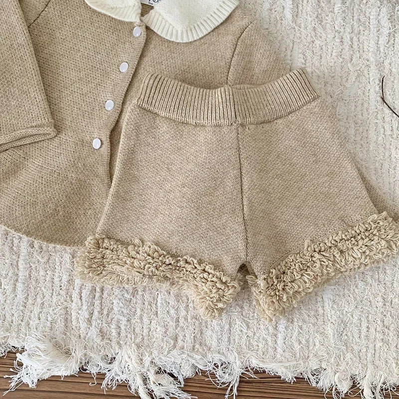 Autumn Winter Infant Baby Girls Clothing Set Long Sleeved Knitted CardiganShorts Toddler Baby Knitted Clothes Suit 250227