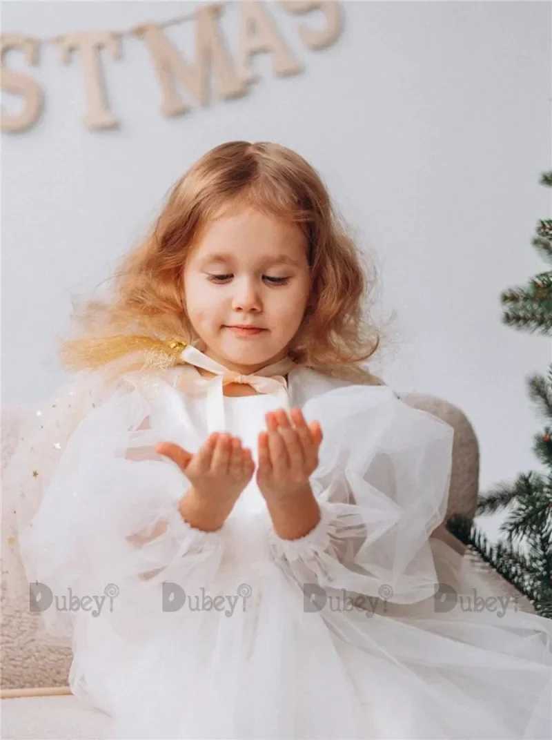 Girl's Dresses New Born Baby Girls Birthday Dress for Toddlers White Puff Sleeve Wedding Gown Baptism Ceremony Vestido for 1Y Clothing Kids Y2502