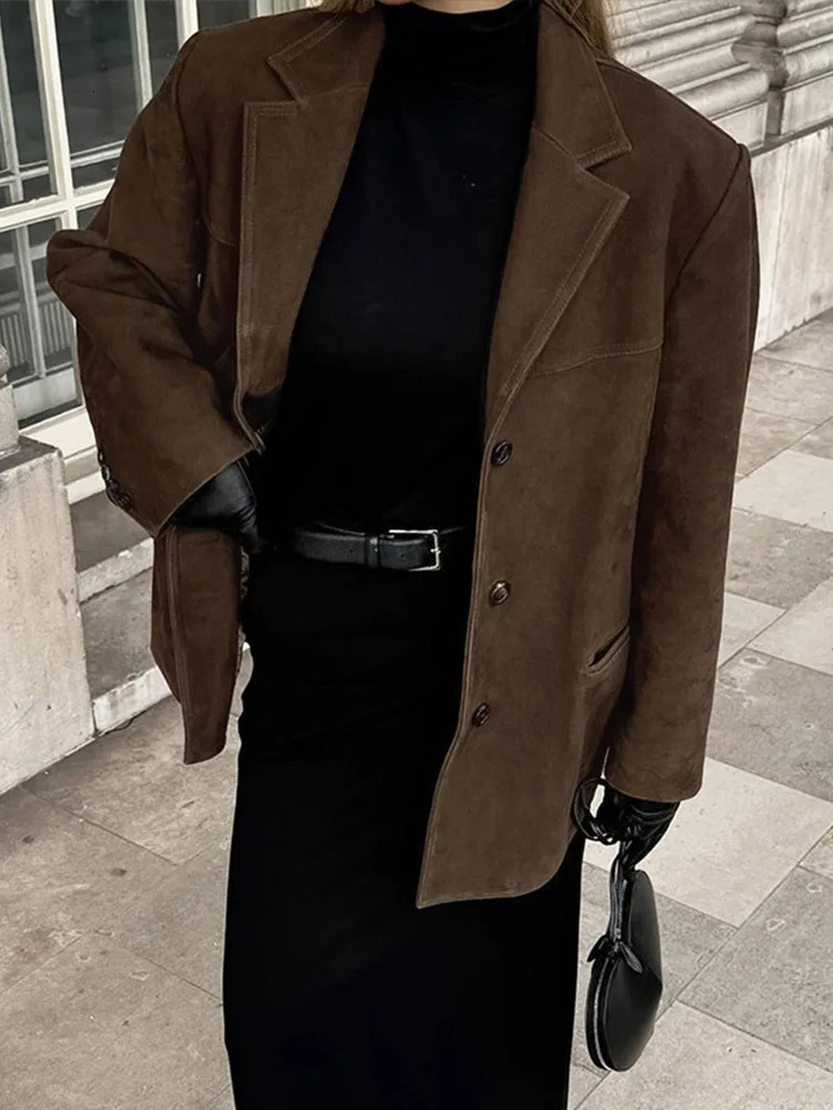 Brown Suede Womens Blazer Jackets Loose Single Breasted Pockets Lapel Coats 2025 Autumn Lady Vintage Outwears 250226