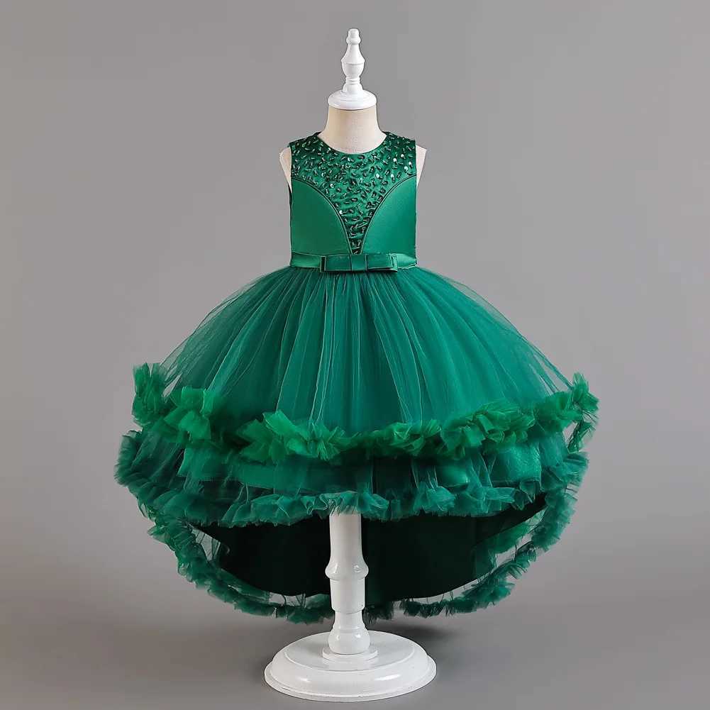 Girl's Dresses European style banquet evening dress for baby girls red green pink yellow sequin children birthday party tail girl wedding dress Y