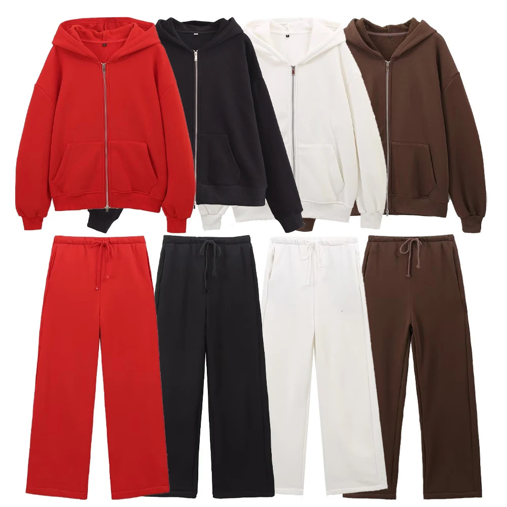 Taop Za autumn womens fashionable casual zipper decoration hooded long sleeved sportswear jacket wide leg pants set 250226