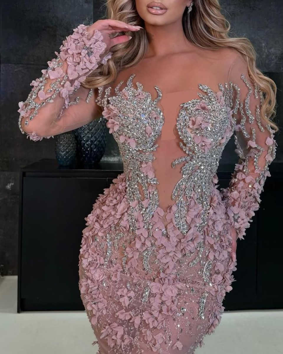 Saudi Arabia Mermaid Prom Dresses 3D Flowers Appliques Long Sleeve Special Occasion Dress Crystal Beads Evening Gowns Customized