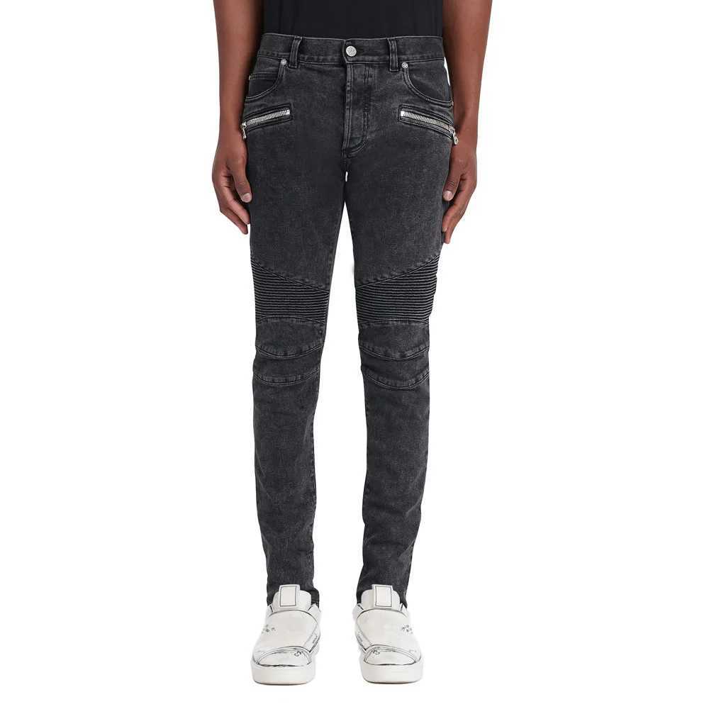 Mens Zipper Biker Denim Jeans Stretch Slim Skinny Fashion Moto Motorcycle Pants X250227