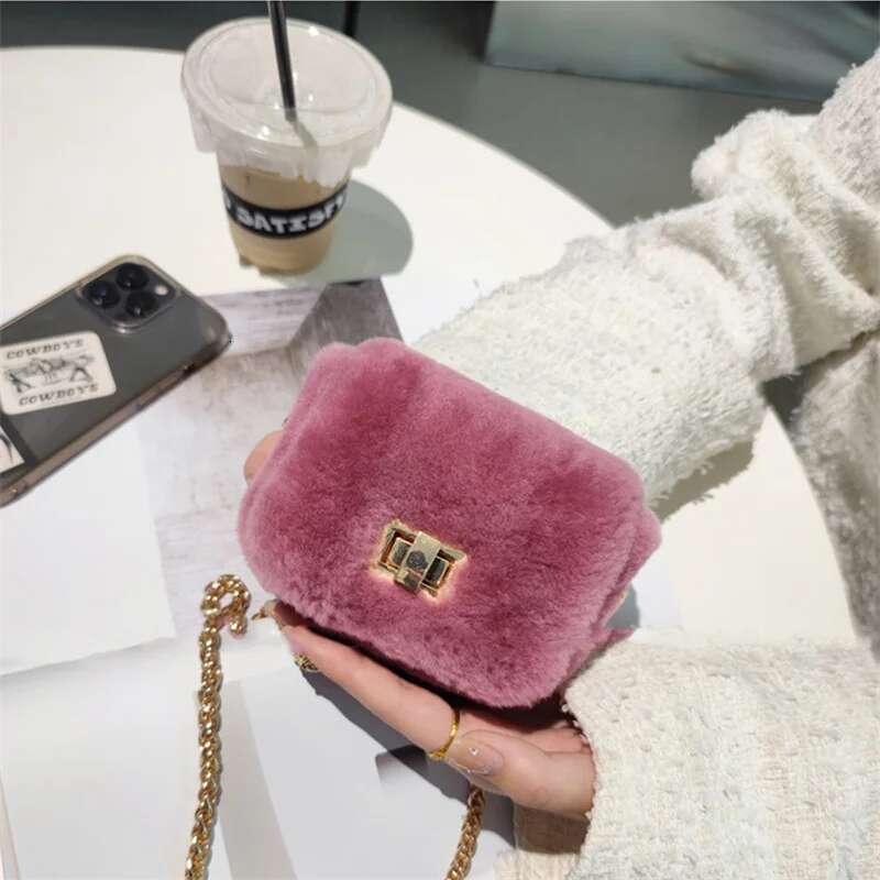 Fur Real Wool One Shoulder Bag Brand Designer Furry Mouth Red Envelope Women's Winter Handbag