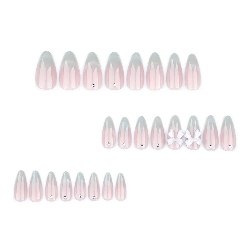 24pcs Sweet Cat Eye French Press on Nails DiamondPointed Three Dimensional Bow Knot Wearable Nail For Women Girl Almond 250217