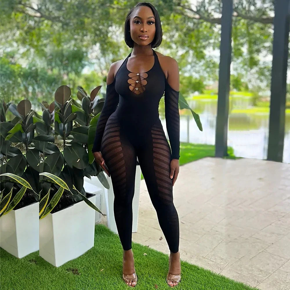 Echoine Womens Sexy Halter neck Hollow backless long sleeve Bodycon Jumpsuit Fashion Party Club Playsuits Pants Rompers 250227