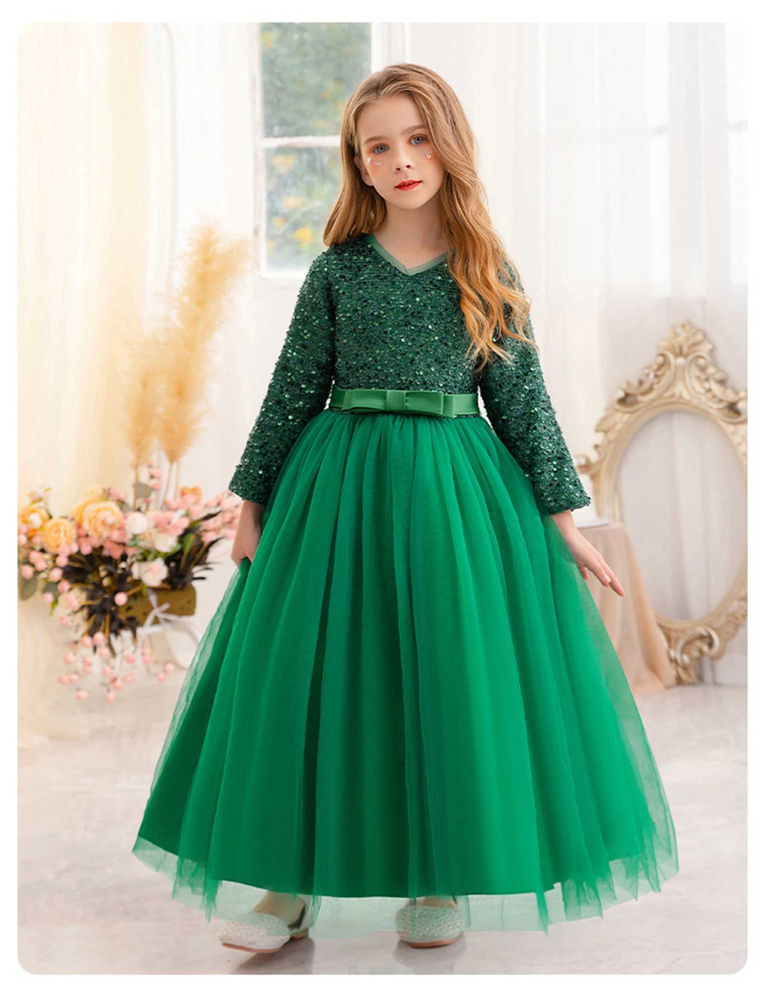 Girl's Dresses Little Big Girls Winter Long Sleeves Sequined Flower Girl Birthday Party Pageant Holiday Long Dress 23822 Y250227A048