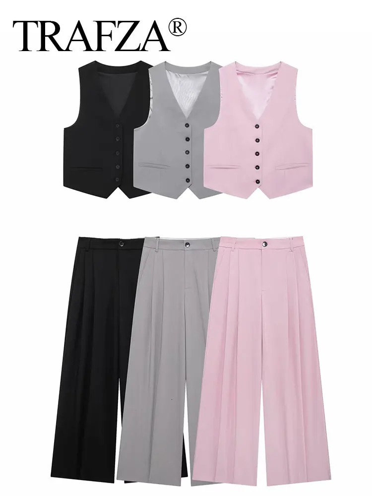 TRAFZA Women Solid Pant Sets Adjustable Back Strap Single Breasted VNeck Vest High Waist Trousers Fashion Street Outfit 250226
