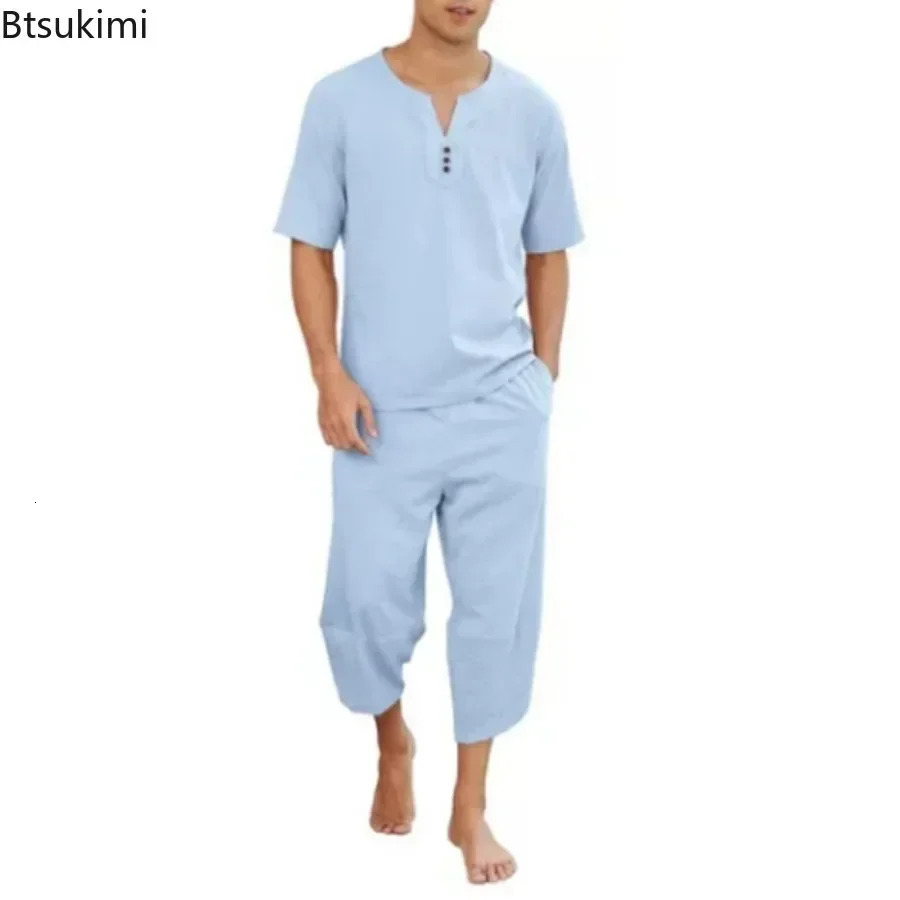 Mens Hip Hop Cotton Linen Sets Comfort Breathable Men Casual Sport 2 PCS Sets Fashion V-neck Short Sleeve TopsPants Suit 250222