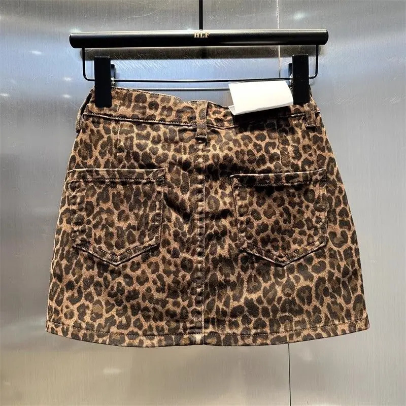 short skirt 2025 summer American fashion elastic coffee leopard print denim hip skirt girl patch small short skirt 250226