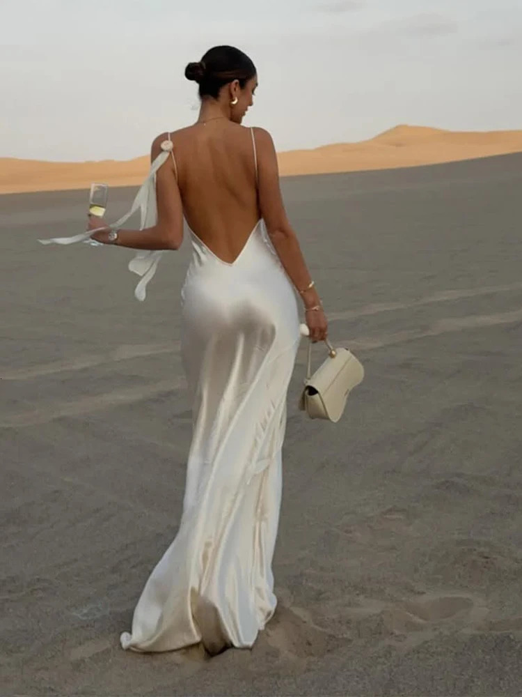 Women Chic White Backless Stain Ruffles Long Dress 2025 Elegant Sleeveless V Neck Pleated Sling Vestidos Ladies Party Club Robes 250226