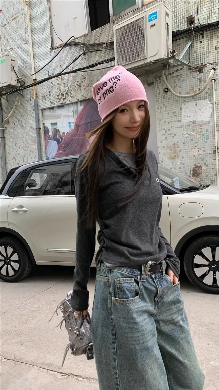 Womens Tshirt two piece long sleeved for autumn and winter slim fit slimming bottom top retro 250226