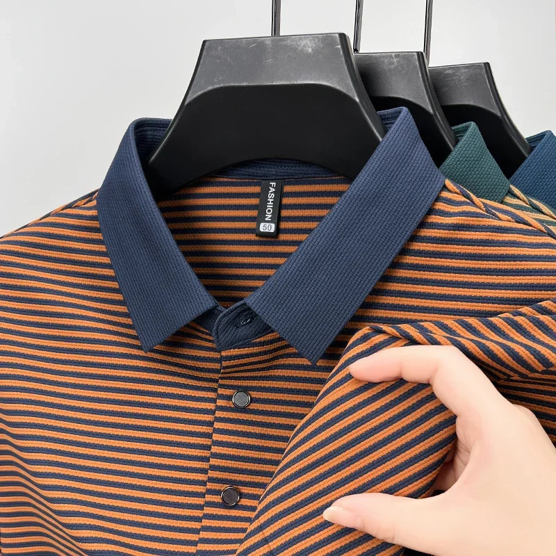 High-end Quality Mens Seamless Polo Shirt Lapel Stripe Ice Silk Long-sleeve T-shirt Fashion Street Exquisite Autumn Menswear 250225