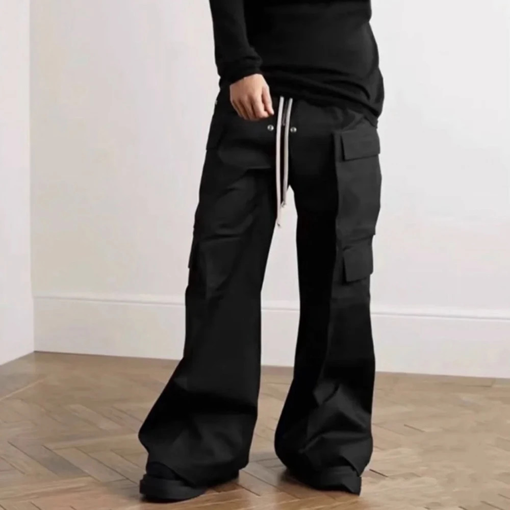 Ro Style Wide Leg Drawstring Black Cargo Pants Unisex Straight Baggy Casual Overalls Mens Streetwear Loose Oversized Trousers 250225