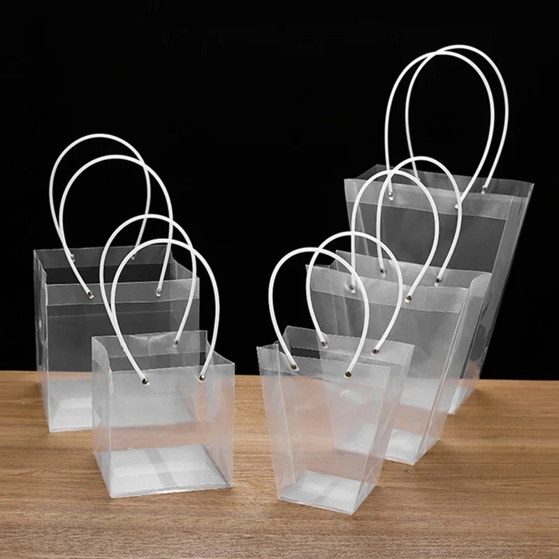10pcs PVC Transparent Portable Flower Packaging Bag Square Trapezoid Handle Festival Gift Plastic Waterproof Storage Packing Bag 250221