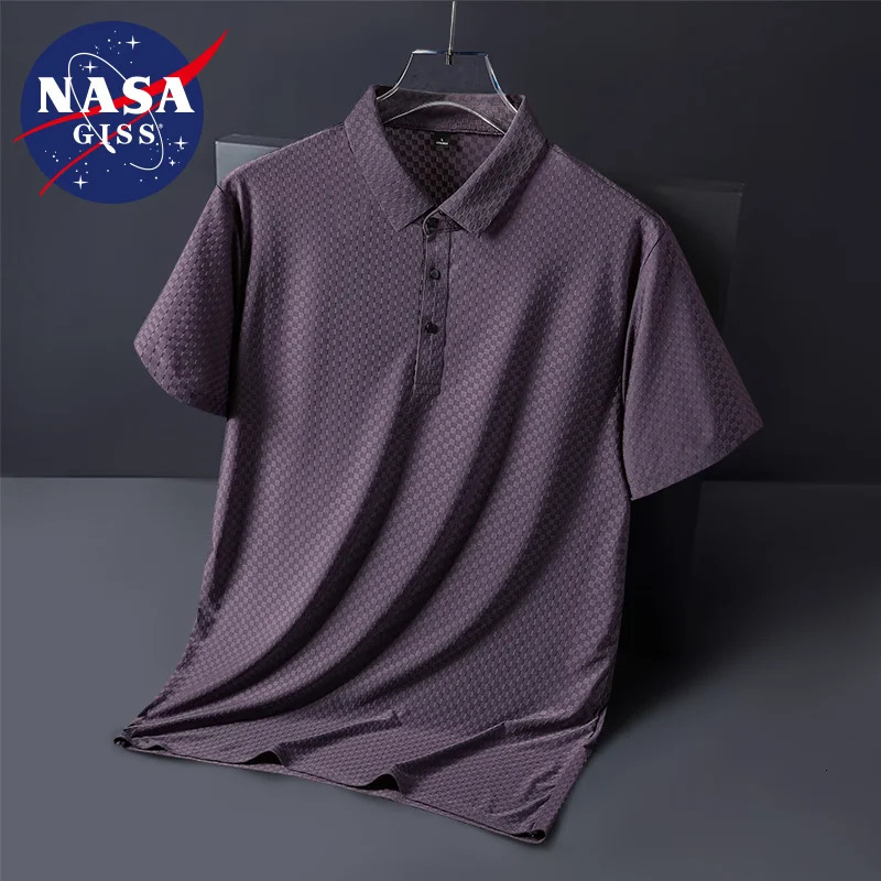 Spring and summer nylon spandex mens short sleeved mens T-shirt mens ice silk traceless plaid thin business lapel polo s 250225